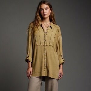 Pilcro by Anthropologie Tunic Button Down Shirt Khaki Green Long Sleeve Small